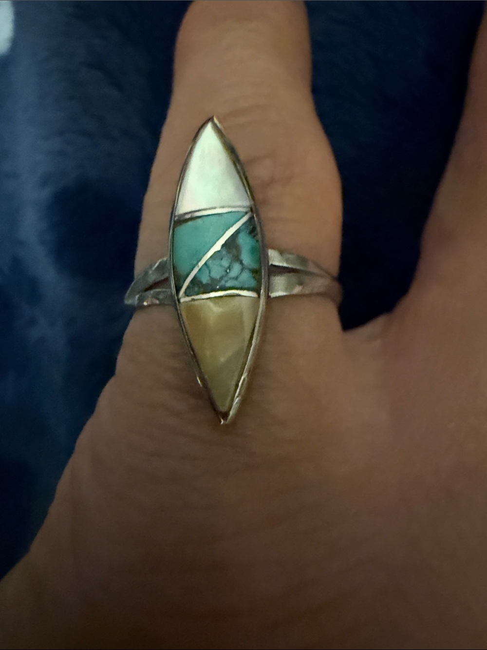 Sterling Inlay Marquise Ring with Turquoise, Mother of Pearl and Cream Inlay